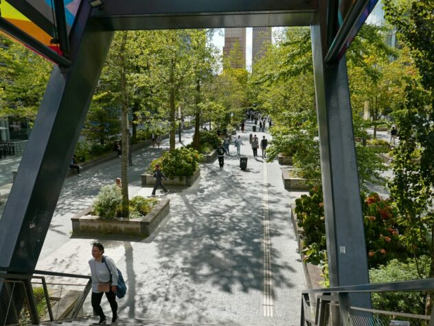 Árboles y vegetación integrados en una plaza urbana de Ámsterdam; imagen ilustrativa sobre infraestructura verde