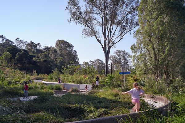Pasarela peatonal entre vegetación de humedal restaurado en Archerfield Wetlands Parkland, Brisbane