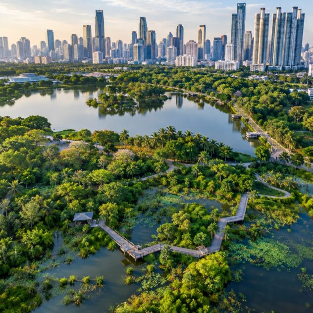 Ilustración de humedales, vegetación y caminos en un parque forestal de Bangkok