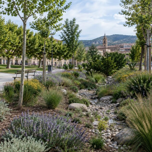 Ilustración de infraestructura verde urbana con arbolado y jardines de lluvia en una ciudad española