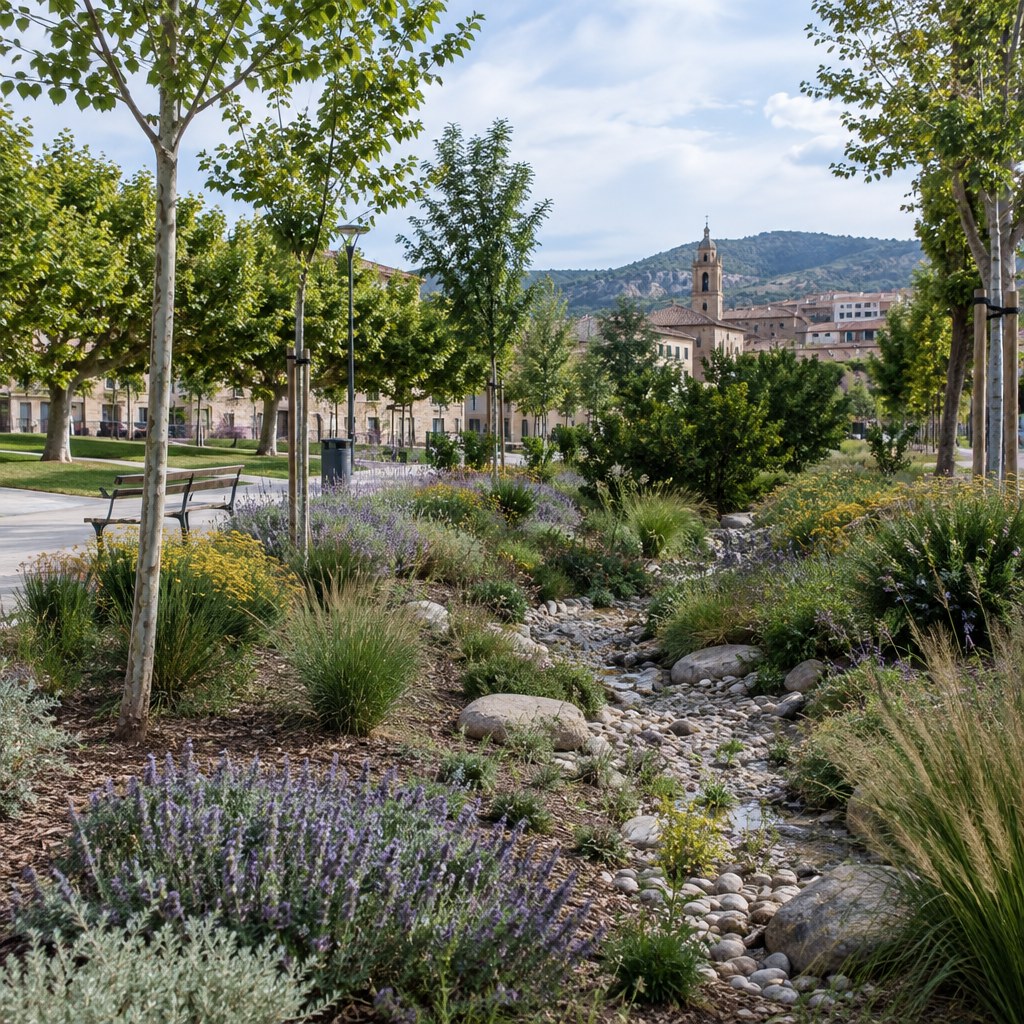 Ilustración de infraestructura verde urbana con arbolado y jardines de lluvia en una ciudad española