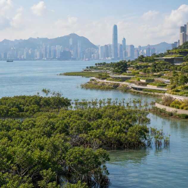 Ilustración de humedales costeros e infraestructura verde en Hong Kong, paisaje urbano y cuenca hidrográfica