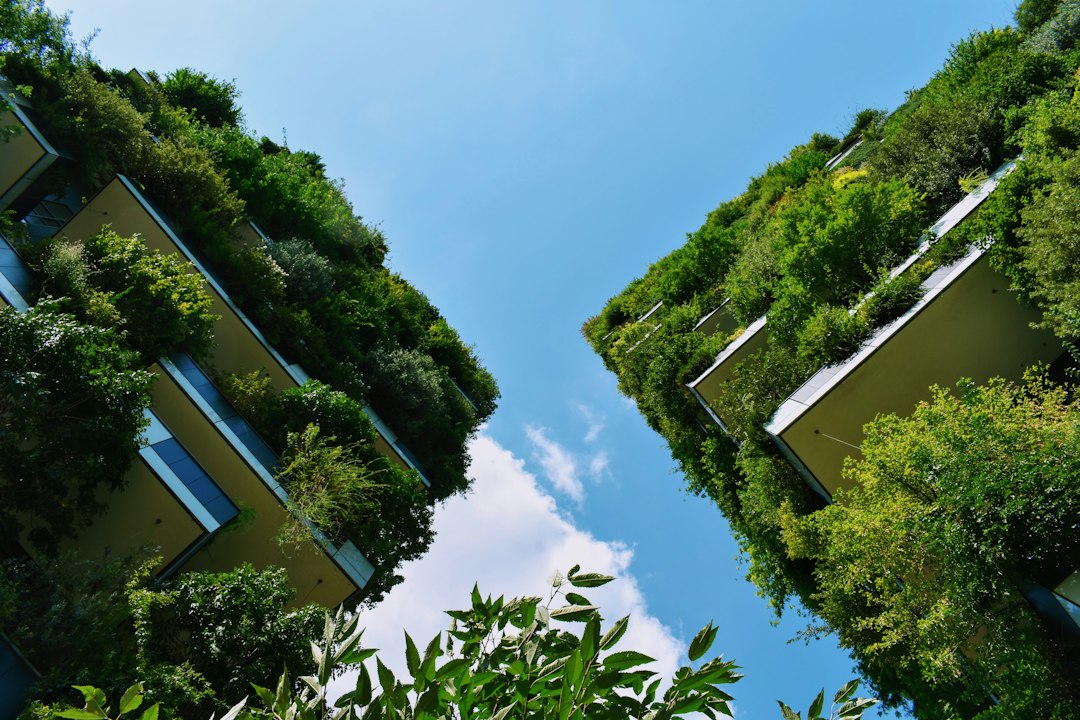 Edificio urbano con vegetación, imagen ilustrativa sobre carbono y paisaje