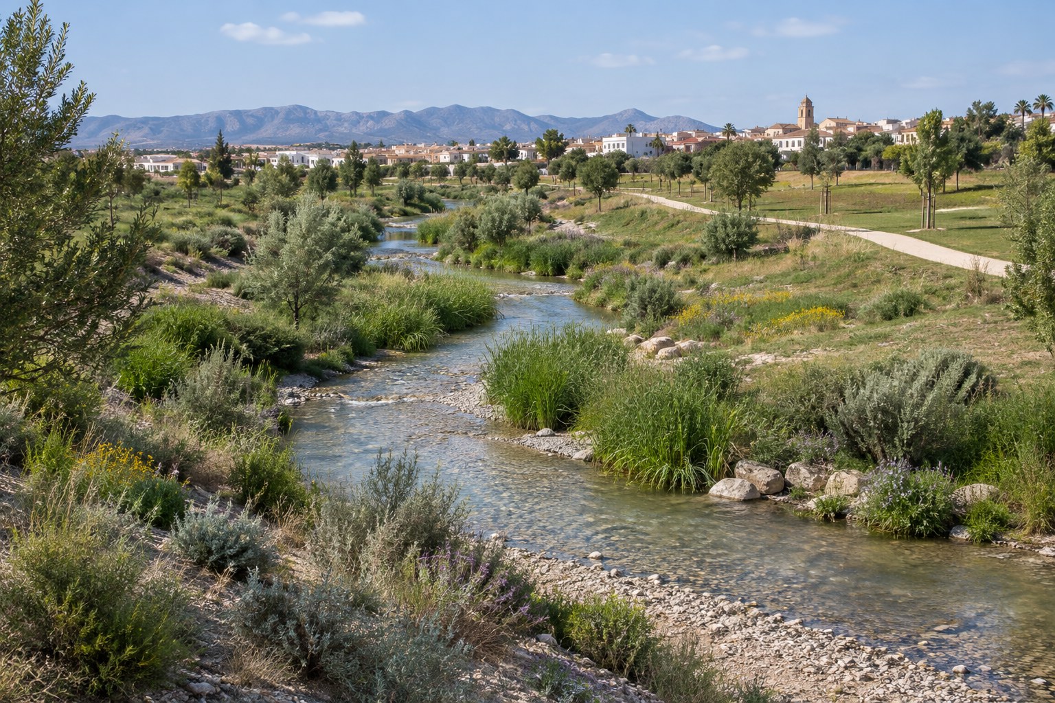 Ilustración de rambla mediterránea restaurada con vegetación autóctona y parque inundable en Murcia